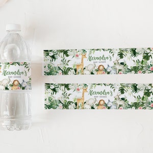 Bewerkbaar groen safarifleslabel babyshower, bloemen jungle babyshower waterlabel, sticker safaridieren wild één waterfles, 0291 afbeelding 2