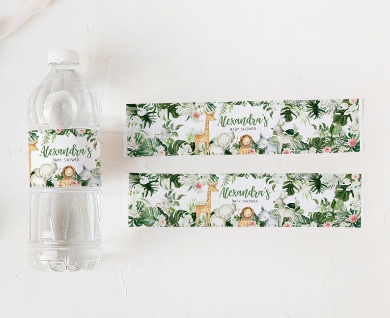 Bewerkbaar groen safarifleslabel babyshower, bloemen jungle babyshower waterlabel, sticker safaridieren wild één waterfles, 0291 afbeelding 2