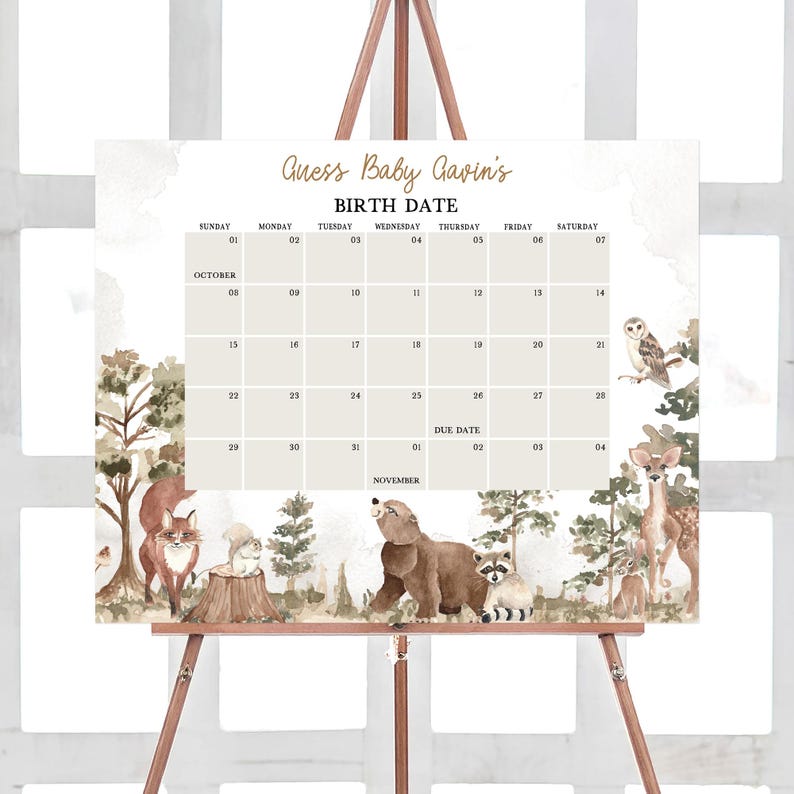 Woodland Animals Baby Shower Calendar