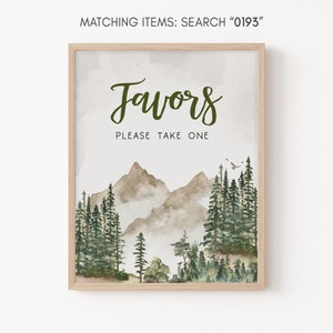 Deje que la aventura comience baby shower favores signo bosque bebé ducha tratar signo bosque pinos montaña signo género neutral plantilla 0193