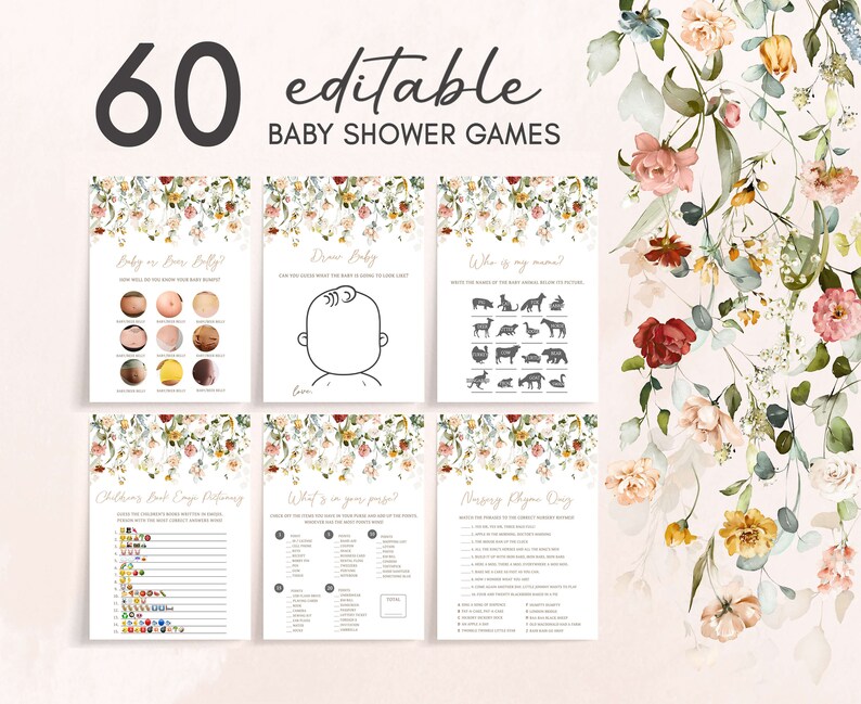 Editable Baby in Bloom Baby Shower Games Bundle, Boho Spring Floral Baby Shower Game Pack, Wildflower Spring Baby Shower, Wild Flower 0659 image 1
