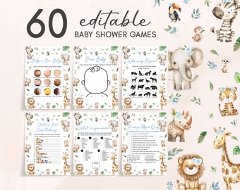 May include: A set of 60 printable baby shower games featuring a jungle theme with watercolor illustrations of animals like a zebra, giraffe, lion, elephant, rhino, and monkey. The games include titles like "Baby or Bear Belly", "Draw Baby", "Who is my Mama", "Children's Book Bingo", "What's in your purse", and "Nursery Rhyme Bingo".