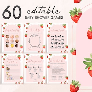 Editable Strawberry Baby Shower Games Bundle, Berry Sweet Baby Shower Game Pack, Red Strawberry Baby Shower Games, Berry First Baby, 0616
