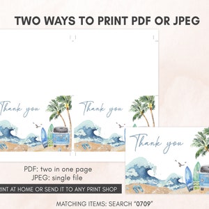 two photos of a postcard with a surfboard and palm trees