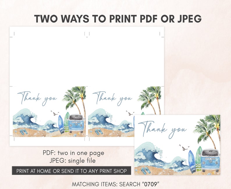 two photos of a postcard with a surfboard and palm trees