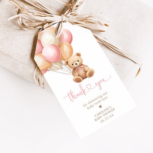 Editable Boho Bear Baby Shower Favor Tags, Pink Balloon Baby Shower Gift Tag, We Can Bearly Wait Girl Baby Shower Thank You Favor Tags, 0673 image 3