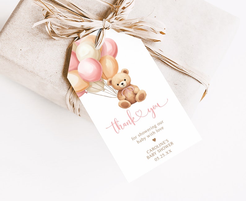 Editable Boho Bear Baby Shower Favor Tags, Pink Balloon Baby Shower Gift Tag, We Can Bearly Wait Girl Baby Shower Thank You Favor Tags, 0673 image 3