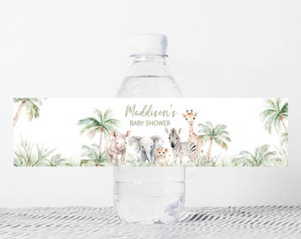 May include: A water bottle with a decorative label featuring watercolor illustrations of safari animals, including a rhino, elephant, lion, zebra, and giraffe. The label reads "Maddison's BABY SHOWER" in green script, with palm trees and foliage.