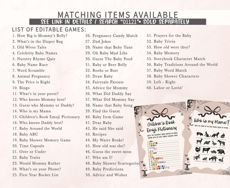 a list of matching items available for a baby shower
