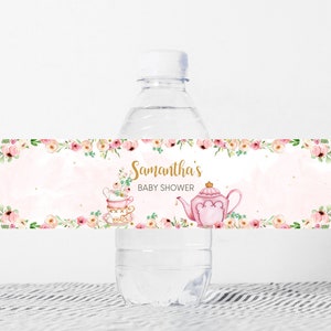 Tea Party Baby Shower Water Bottle Labels, Blush Pink Gold Tea Party Floral Baby Shower Bottle Label Baby is Brewing, Girl Baby Shower 0146