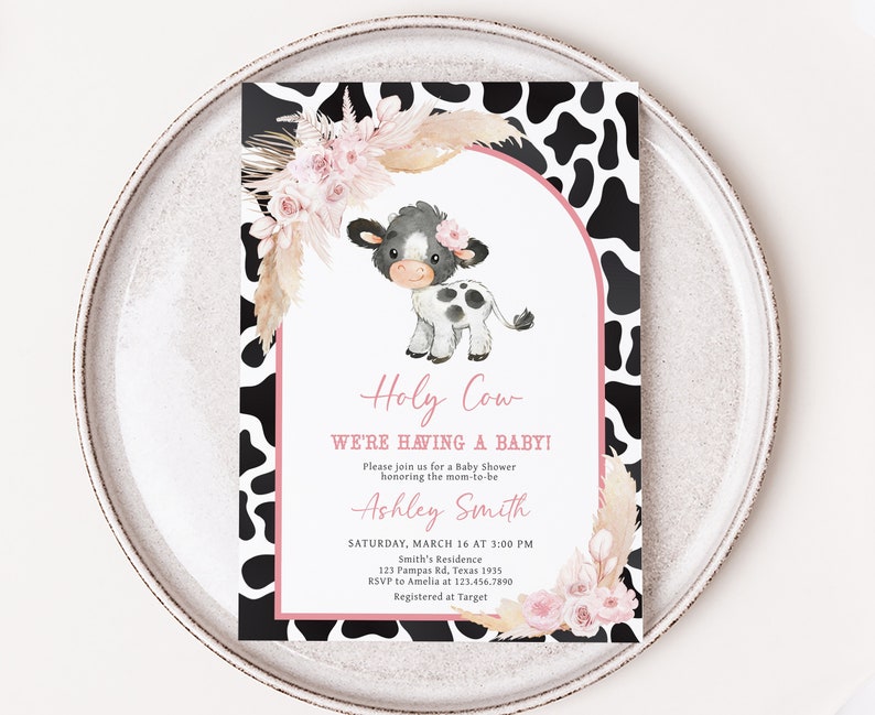 Editable Pink Cow Baby Shower Invitation Bundle, Girl Holy Cow Baby Shower Invite Set, Boho Highland Cow Farm Baby Shower Invitation, 0662 image 3