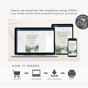 May include: A digital illustration of a baby shower invitation with a watercolor mountain scene and the text "Oh Boy! Let the Adventure Begin". The invitation is displayed on a laptop screen and a smartphone. The image also shows a step-by-step guide on how to personalize the template using the CORJL website.
