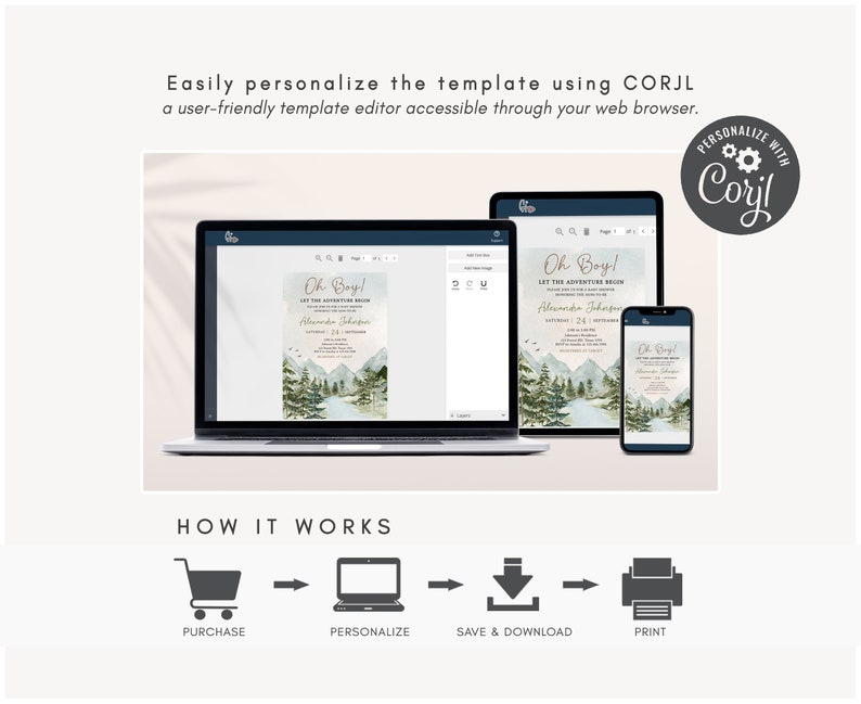 May include: A digital illustration of a baby shower invitation with a watercolor mountain scene and the text "Oh Boy! Let the Adventure Begin". The invitation is displayed on a laptop screen and a smartphone. The image also shows a step-by-step guide on how to personalize the template using the CORJL website.