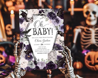 Editable Gothic Halloween Baby Shower Invitation, Purple Floral Coffin-Shaped Baby Shower Invite, Skull Bats Baby Shower Invitation, 0952