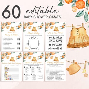 Editable A Little Cutie is on the Way Baby Shower Games Bundle, Orange Baby Shower Game Pack, Baby Clothes Citrus Baby Shower Games, 01003