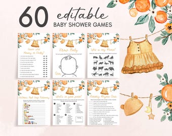 Editable A Little Cutie is on the Way Baby Shower Games Bundle, Orange Baby Shower Game Pack, Baby Clothes Citrus Baby Shower Games, 01003