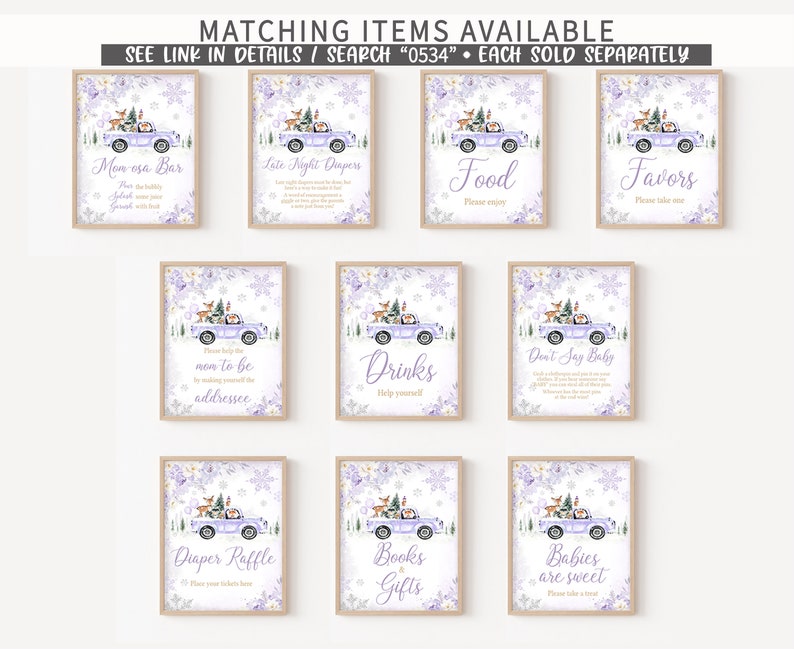 May include: A collection of ten rectangular signs featuring a light purple truck carrying a Christmas tree and woodland animals, decorated with purple floral accents and snowflakes. Each sign displays unique text for event stations and activities.