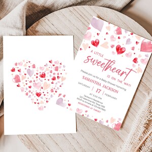 Invitación editable para baby shower de un pequeño corazón, invitación para baby shower de San Valentín con corazón rojo rosa, plantilla de invitación para baby shower para niña, 0587 imagen 2