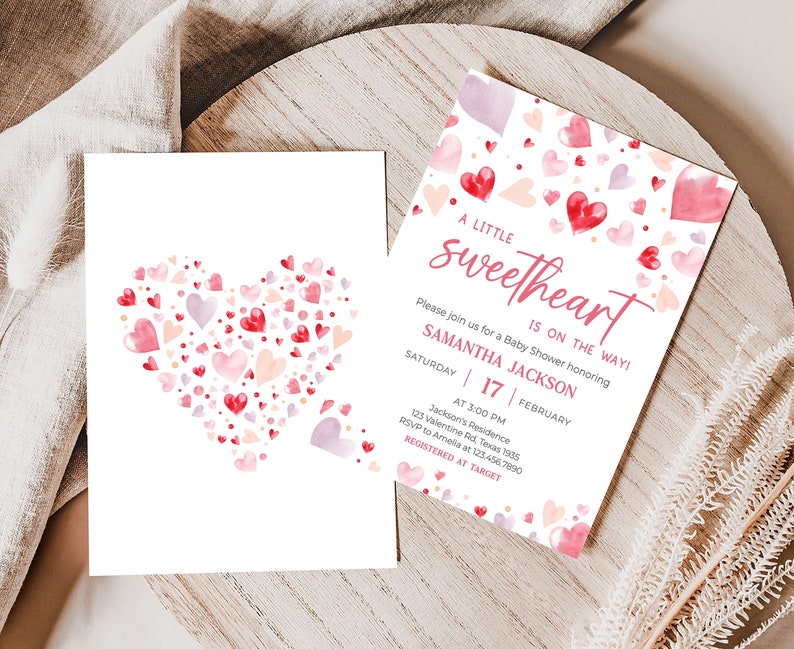 Invitación editable para baby shower de un pequeño corazón, invitación para baby shower de San Valentín con corazón rojo rosa, plantilla de invitación para baby shower para niña, 0587 imagen 2