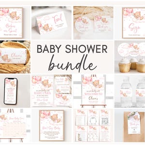 Editable We Can Bearly Wait Baby Shower Bundle, Pink Teddy Bear Baby Shower Pack, Brown Bear Balloon, Girl Bow Mega Bundle Template, 01102