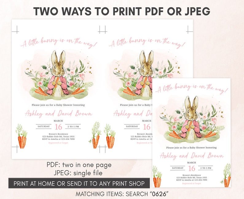 Editable Pink Peter Rabbit Baby Shower Invitation, Peter Rabbit Girl Baby Shower Invite, A Little Bunny Spring Baby Shower Invitation, 0626 image 3