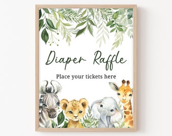 以下が含まれることがあります： 緑の葉の縁取りと「Diaper Raffle」という緑のタイトルが書かれた白い看板。タイトルの下には「Place your tickets here」というテキストがあります。動物のイラストが4つあります。シマウマ、ライオン、ゾウ、キリンです。