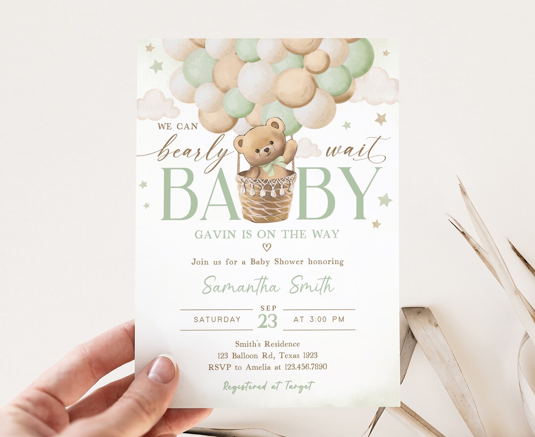Editable Green Bear Baby Shower Invitation, We Can Bearly Wait Baby ...