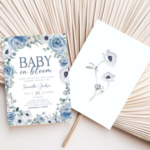 Editable Blue Baby in Bloom Baby Shower Invitation, Boy Spring Flowers Baby Shower Invite, Dusty Blue Wildflower Baby Shower Invitation 0710 image 2