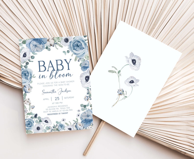 Editable Blue Baby in Bloom Baby Shower Invitation, Boy Spring Flowers Baby Shower Invite, Dusty Blue Wildflower Baby Shower Invitation 0710 image 2