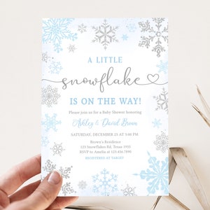 Bewerkbare blauwe een kleine sneeuwvlok baby shower uitnodiging, blauwe sneeuwvlok winter baby shower uitnodiging, jongen winter baby shower uitnodiging, 0538 afbeelding 1