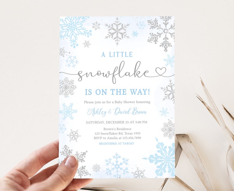 Bewerkbare blauwe een kleine sneeuwvlok baby shower uitnodiging, blauwe sneeuwvlok winter baby shower uitnodiging, jongen winter baby shower uitnodiging, 0538 afbeelding 1