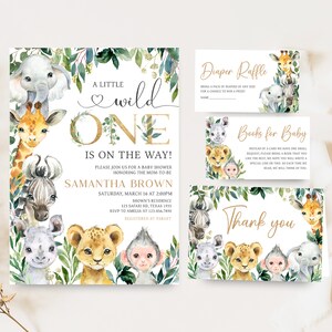 Editable A Little Wild One Baby Shower Invitation Bundle, Jungle Safari Baby Shower Invite Set, Greenery Safari Animals Baby Shower, 0601 image 1