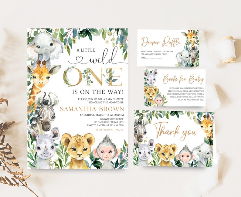 Editable A Little Wild One Baby Shower Invitation Bundle, Jungle Safari Baby Shower Invite Set, Greenery Safari Animals Baby Shower, 0601 image 1