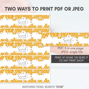 May include: Five printable labels featuring a honeycomb pattern with bees and the text "Savanah's Baby Shower". The labels are designed for use on beverage bottles. The text "PDF: 5 in one page JPEG: single file PRINT AT HOME OR SEND IT TO ANY PRINT SHOP MATCHING ITEMS: SEARCH "0238"" is also included.