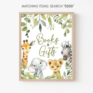 A Little Wild One Baby Shower Books and Gifts Sign, Safari Animals Baby Shower Gifts Sign, Greenery Jungle Safari Table Sign Decor, 0500
