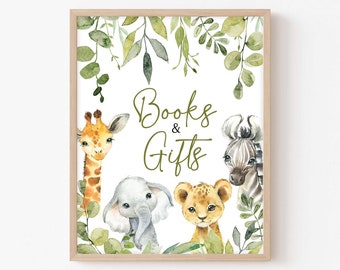 A Little Wild One Baby Shower Books and Gifts Sign, Safari Animals Baby Shower Gifts Sign, Greenery Jungle Safari Table Sign Decor, 0500