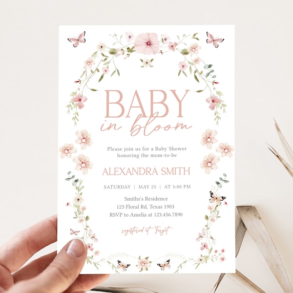 Editable Baby in Bloom Floral Baby Shower Invitation, Butterfly Baby Shower Invite, Butterflies Wildflower Spring Baby Shower Invite, 0674