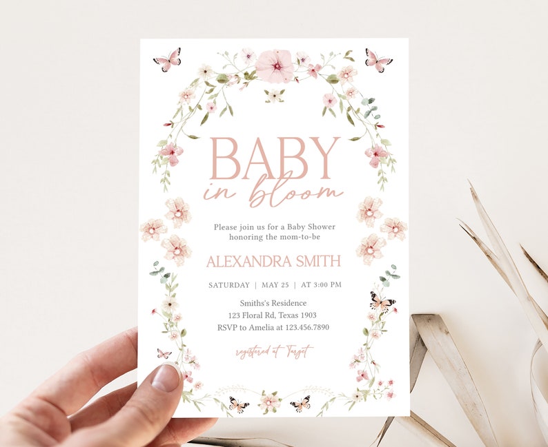 Editable Baby in Bloom Floral Baby Shower Invitation, Butterfly Baby Shower Invite, Butterflies Wildflower Spring Baby Shower Invite, 0674 image 1