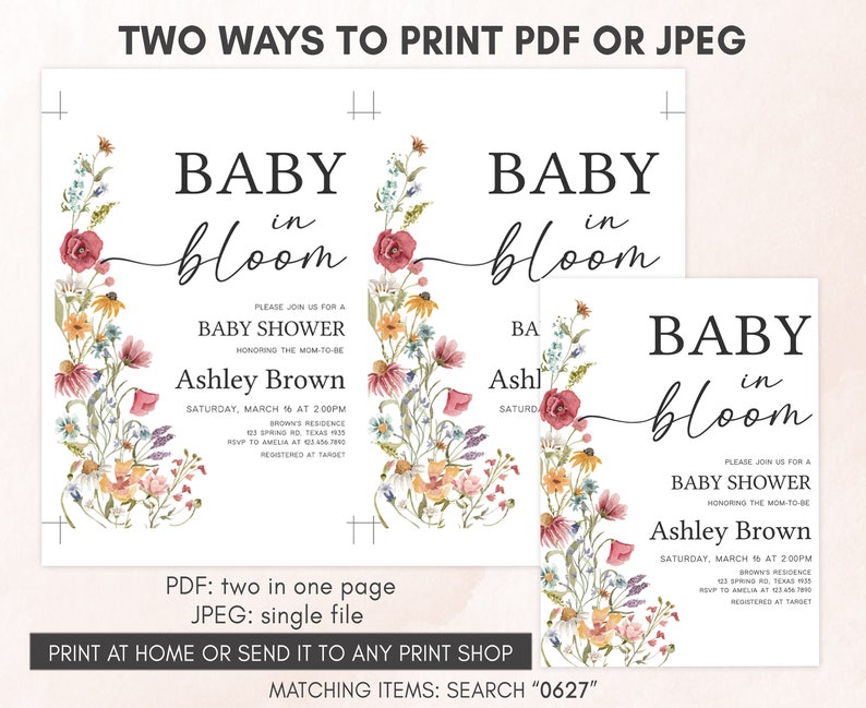 Editable Baby in Bloom Baby Shower Invitation, Boho Wildflower Baby Shower Invite, Spring Floral Baby Shower Invitation Template, 0627 image 3