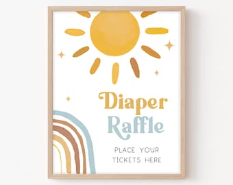 Diaper Raffle Sign Here Comes the Son Baby Shower Boy Sunshine Baby Shower Diaper Game Sign Retro Boho Sunshine Sign Printable Template 0385