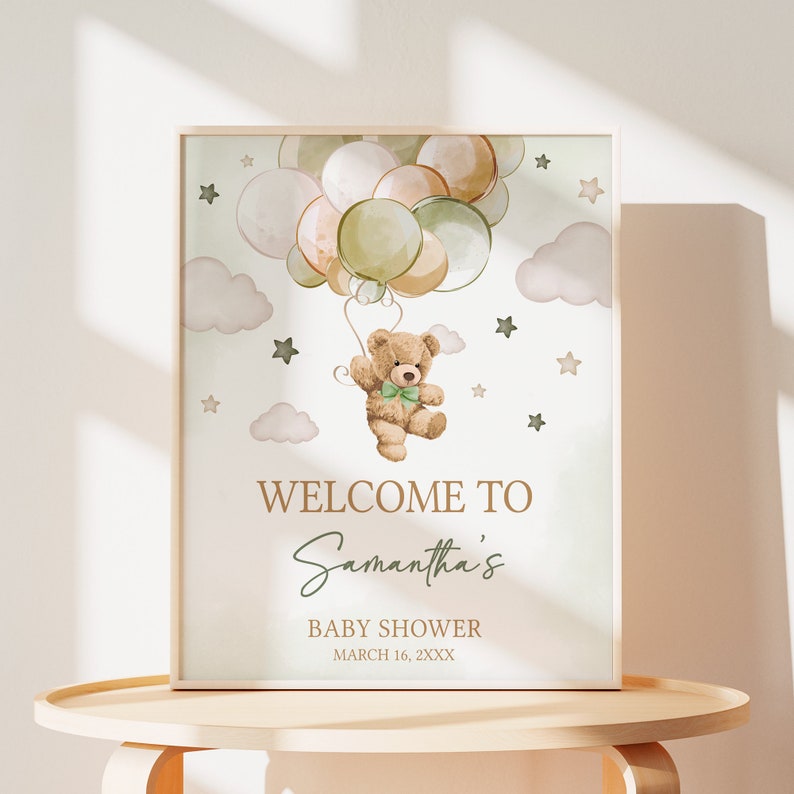 Editable Gender Neutral Bear Baby Shower Welcome Sign, We Can Bearly Wait Baby Shower Welcome Poster, Green Bear Balloons Baby Shower, 0604 image 1