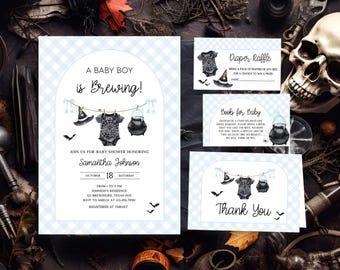Bearbeitbar Ein Baby braut Halloween-Babyparty-Einladungspaket, blaue Gingham-gruselige Babyparty-Einladung, Jungen-Baby-Kleidung einladen, 01123