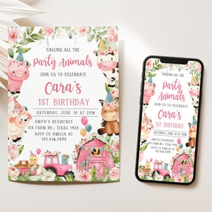 Bearbeitbare Bauernhof-Geburtstagseinladung, Barnyard-Geburtstags-Einladung, Bauernhoftiere erste Geburtstagsfeier, Mädchen-Rosa-Blumen-Barnyard-Einladung 321BD