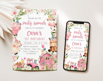 Editable Farm Birthday Invitation, Barnyard Birthday Invite, Farm Animals First Birthday Party, Girl Pink Floral Barnyard Invitation 321BD