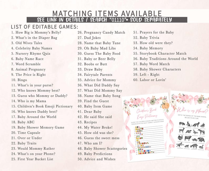 a baby shower game with a list of items