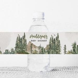 Modificabile Lascia che l'avventura abbia inizio Etichette per bottiglie d'acqua per baby shower Etichetta per bottiglie per baby shower in bosco Foresta di pini Modello di montagna 0193