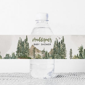 Editable Let the Adventure Begin Baby Shower Water Bottle Labels Woodland Baby Shower Bottle Label Forest Pine Trees Mountain Template 0193