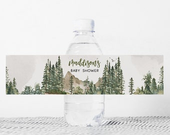 Editable Let the Adventure Begin Baby Shower Water Bottle Labels Woodland Baby Shower Bottle Label Forest Pine Trees Mountain Template 0193