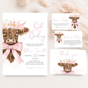 Edytowalny zestaw zaproszeń na baby shower Highland Cow, różowy zestaw zaproszeń na baby shower Holy Cow, boho kwiatowy zestaw zaproszeń na baby shower Cow, 01047