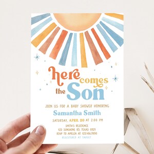 Editable Sunshine Baby Shower Invitation, Here Comes the Son Baby Shower Invite, Blue Boy Boho Sunshine Baby Shower Invitation Template 0642 image 1